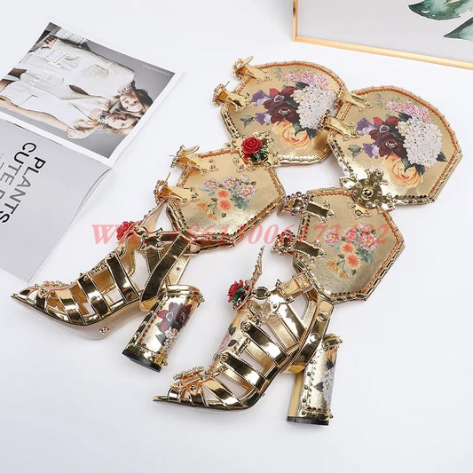 design luxury woman gold Roman diamonds Gladiator sandal boots lady hollow chunky high heel diamonds Gladiator sandal boots