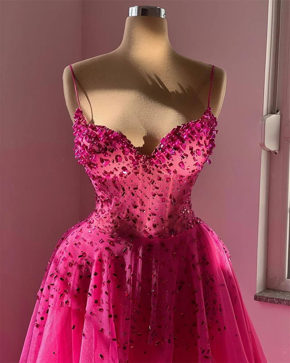 Sansa Customized Rose Pink Ball Gown Prom Dress Rhinestones Spaghetti Strap Vestidos De Noche Sweetheart Neck Formal Evening