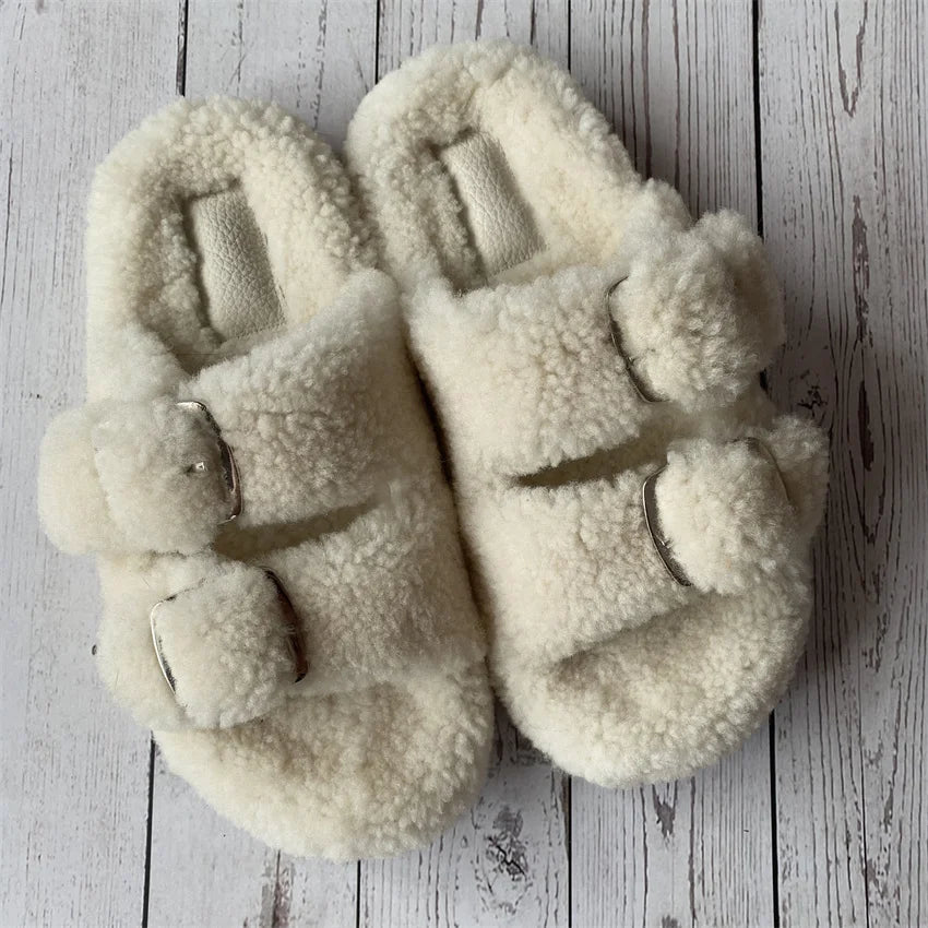 New Woman Real Wool Slipper Plush Warm Flats Slippers Plaform Shoes Flip Flops Women's Sandals Summer 2025 Designer Shoes