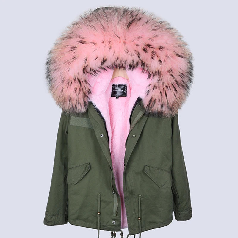 2024 MaoMaoKong Winter Jacket Parkas Natural Real Fox Fur Collar Faux Fur Lining Women Fur Coat