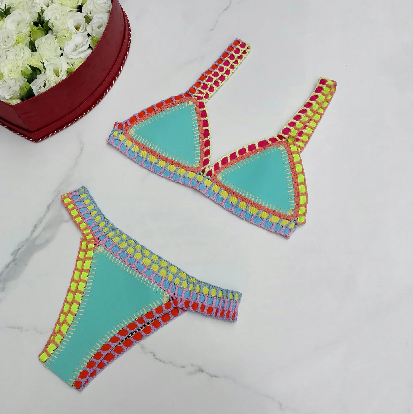 Turquoise Women Sexy Neoprene Triangle Swimsuit Swimming Wear Set Crochet Bikini Beachwear Bathing Suit For Vacation Wear