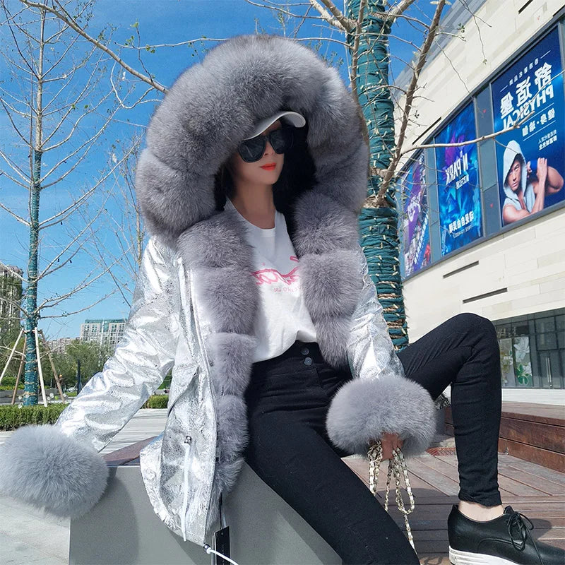 2024 MaoMaoKong Winter Jacket Parkas Natural Real Fox Fur Collar Faux Fur Lining Women Fur Coat