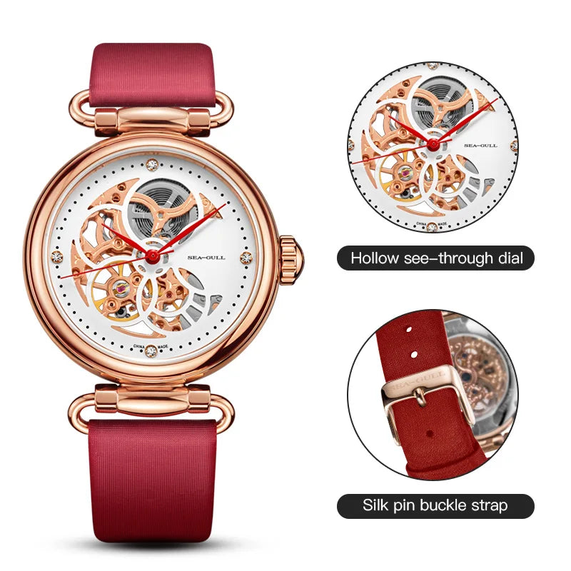 Seagull Fashion Women's Watch Leather Strap Waterproof Skeleton Automatic Mechanical For Ladies Watch Necklace Set 6002L Series