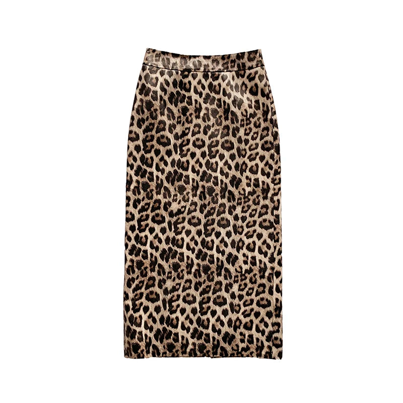 2025 Winter Women Leopard Print Genuine Leather Long skirt Female Over Knee Wrap Jupe Mujer Back Split Wild Sexy  Faldas Sreet
