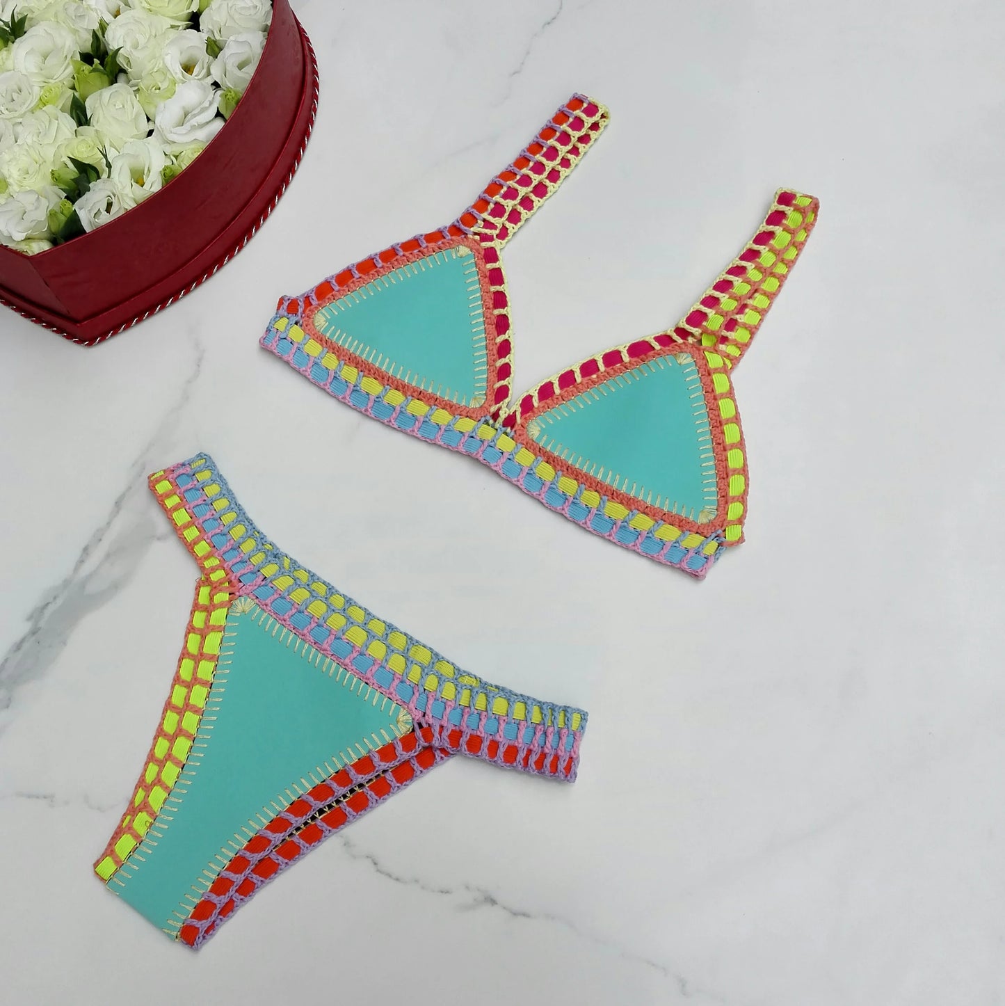 Turquoise Women Sexy Neoprene Triangle Swimsuit Swimming Wear Set Crochet Bikini Beachwear Bathing Suit For Vacation Wear
