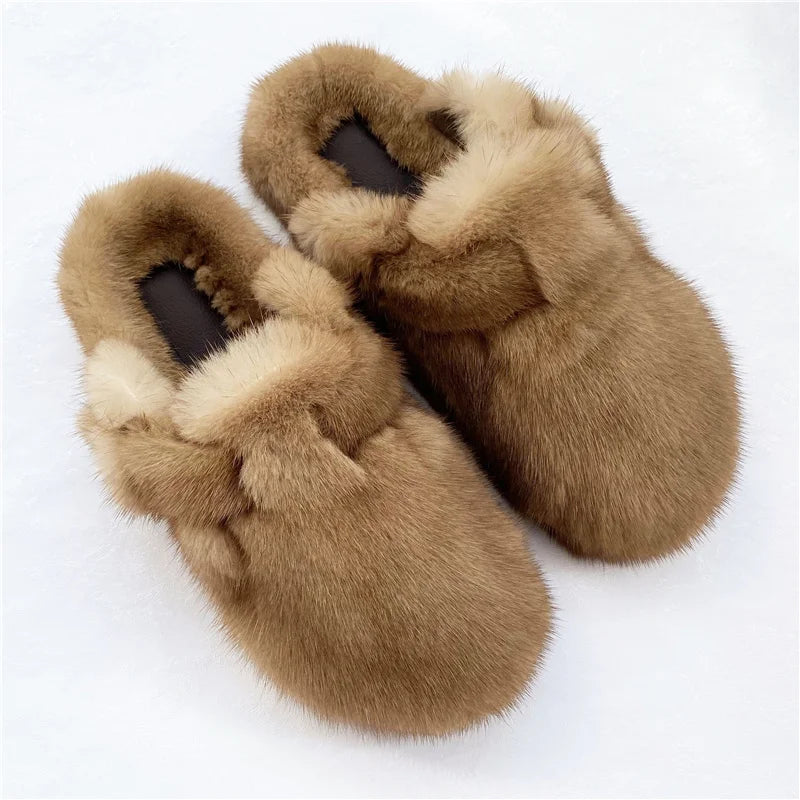 Women's High-end Fur Baotou Slippers Winter Comfort And Warmth Luxury Mink Fur Flats Indoor Slip-on Slippers For Lazy People