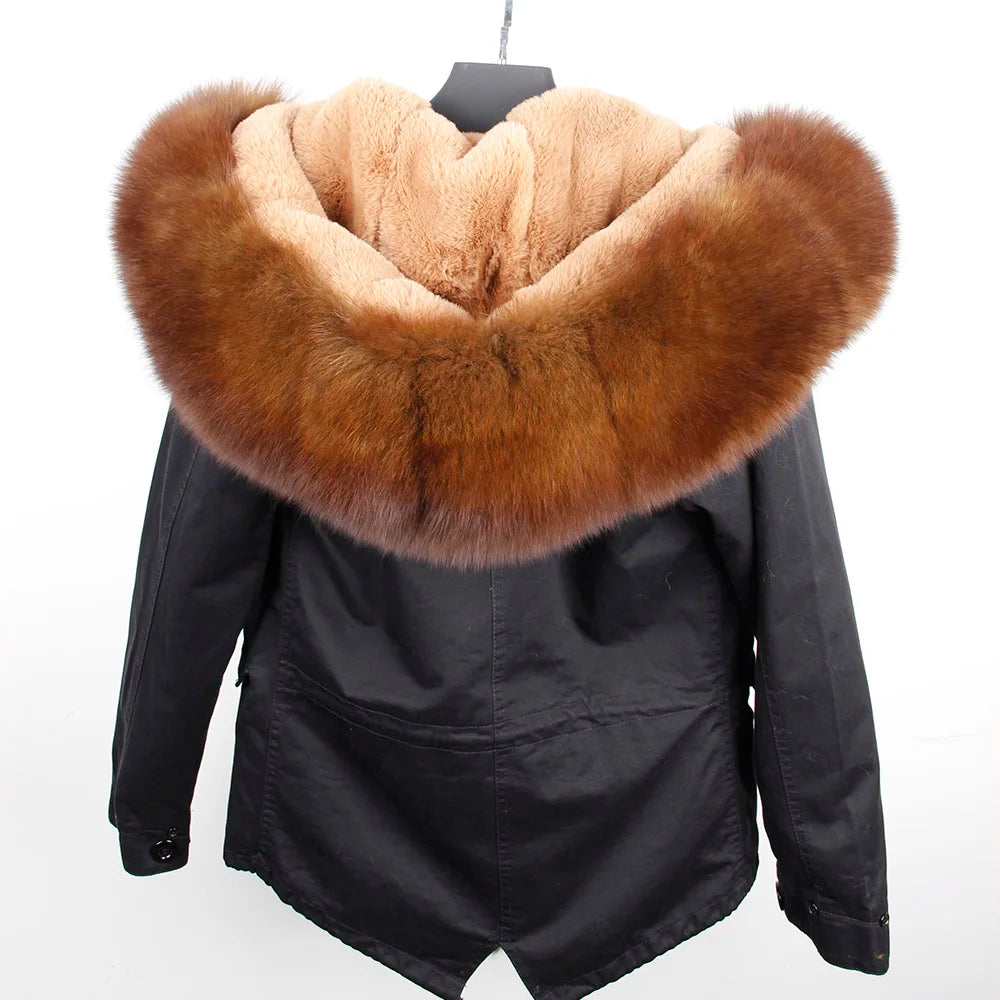 2024 MaoMaoKong Winter Jacket Parkas Natural Real Fox Fur Collar Faux Fur Lining Women Fur Coat