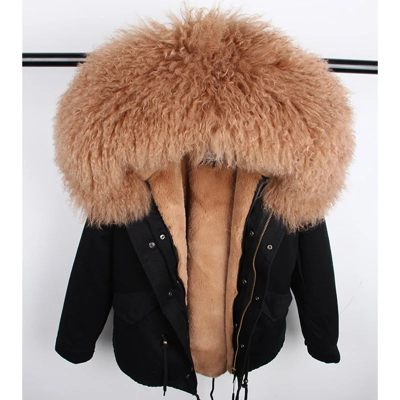 2024 MaoMaoKong Winter Jacket Parkas Natural Real Fox Fur Collar Faux Fur Lining Women Fur Coat