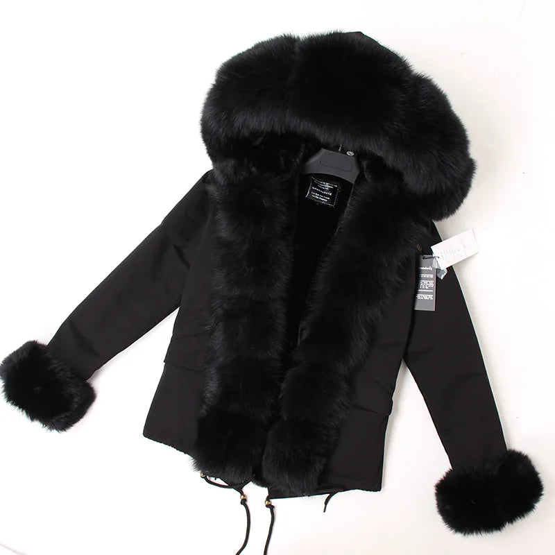 2024 MaoMaoKong Winter Jacket Parkas Natural Real Fox Fur Collar Faux Fur Lining Women Fur Coat