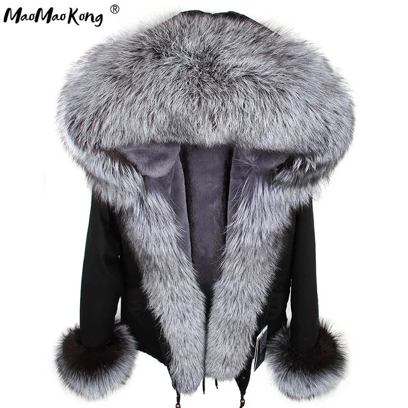 2024 MaoMaoKong Winter Jacket Parkas Natural Real Fox Fur Collar Faux Fur Lining Women Fur Coat