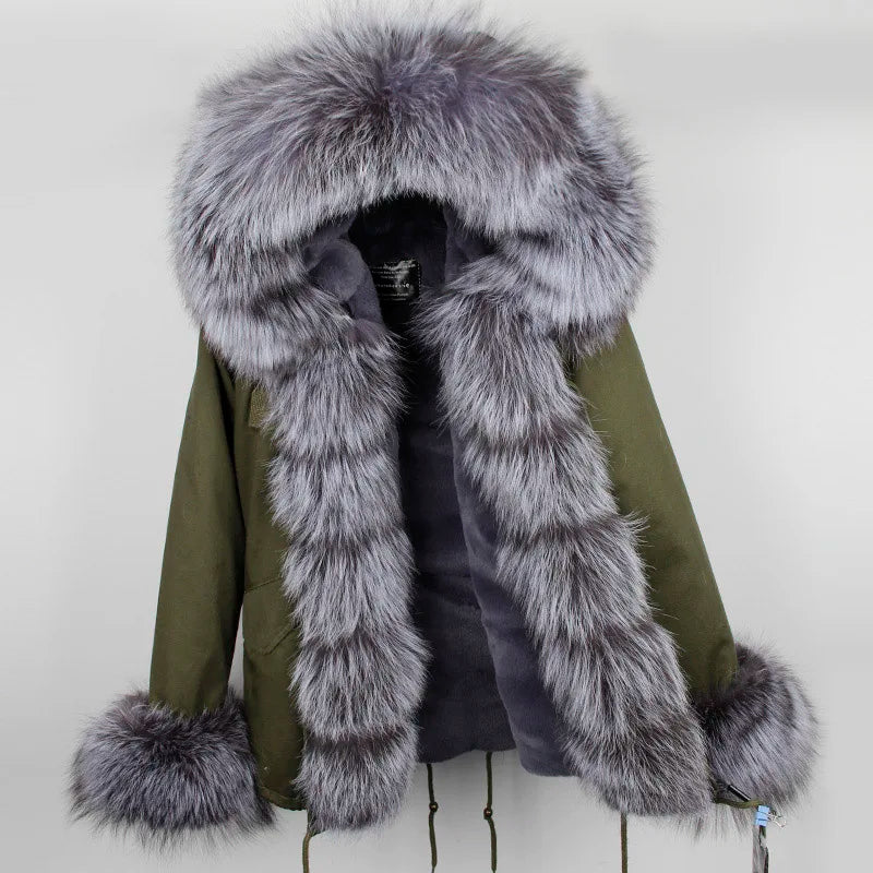 2024 MaoMaoKong Winter Jacket Parkas Natural Real Fox Fur Collar Faux Fur Lining Women Fur Coat