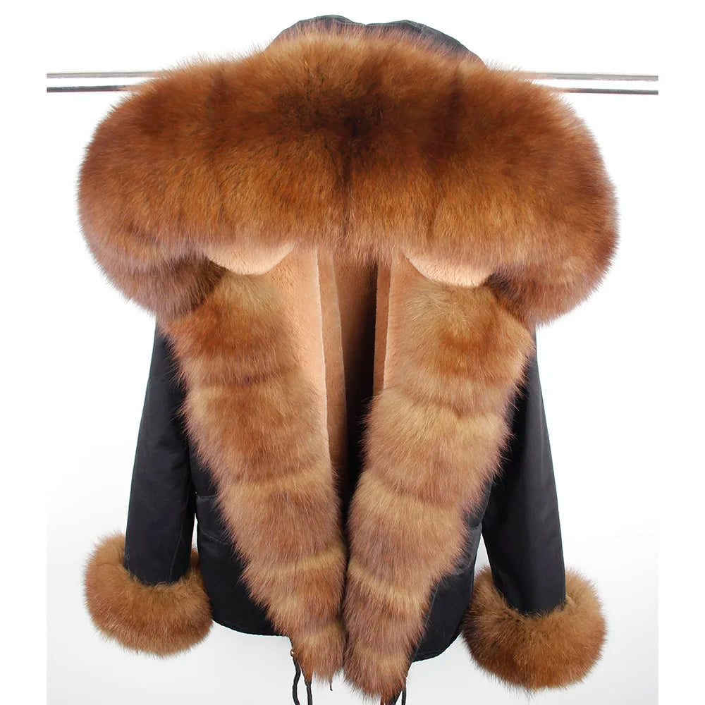 2024 MaoMaoKong Winter Jacket Parkas Natural Real Fox Fur Collar Faux Fur Lining Women Fur Coat