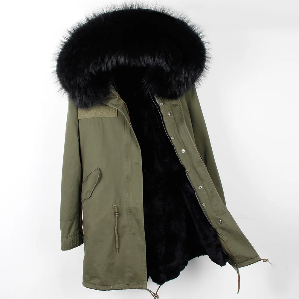 Maomaokong 2023 Winter Women Parkas Real Fur Long Coat Outwear Large Raccoon Fur Collar Thick Warm Jacket Rabbit Lining Hooded