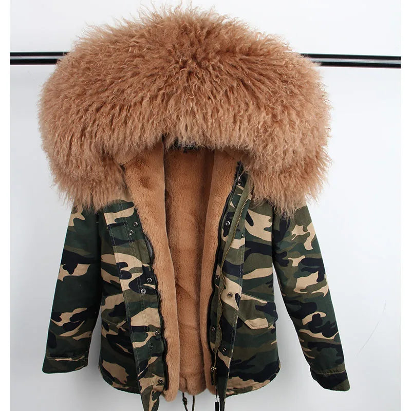 2024 MaoMaoKong Winter Jacket Parkas Natural Real Fox Fur Collar Faux Fur Lining Women Fur Coat