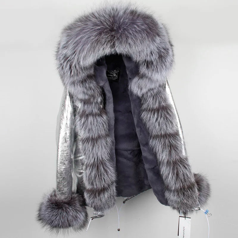2024 MaoMaoKong Winter Jacket Parkas Natural Real Fox Fur Collar Faux Fur Lining Women Fur Coat