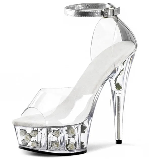 Handmade Stiletto New Fashion Shoes Woman Sandals Rose Inside PVC Thin Heel Ankle Buckle Patchwork High Heels Wedding Shoes