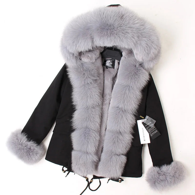 2024 MaoMaoKong Winter Jacket Parkas Natural Real Fox Fur Collar Faux Fur Lining Women Fur Coat