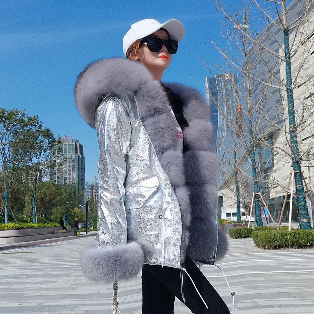 2024 MaoMaoKong Winter Jacket Parkas Natural Real Fox Fur Collar Faux Fur Lining Women Fur Coat