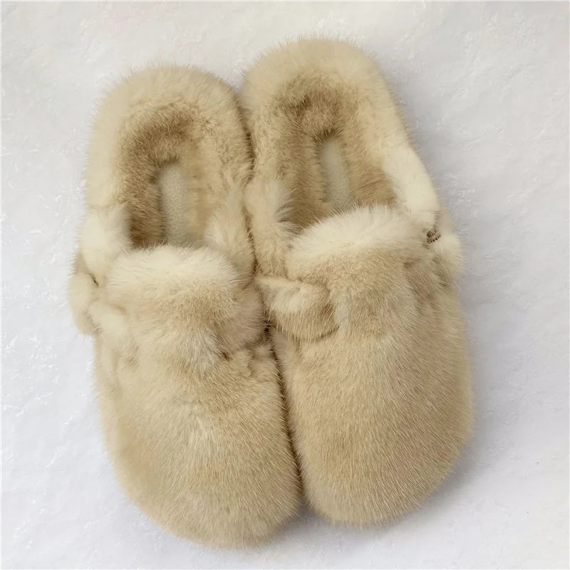 Women's High-end Fur Baotou Slippers Winter Comfort And Warmth Luxury Mink Fur Flats Indoor Slip-on Slippers For Lazy People