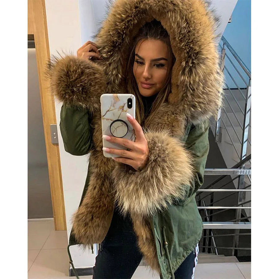2024 MaoMaoKong Winter Jacket Parkas Natural Real Fox Fur Collar Faux Fur Lining Women Fur Coat