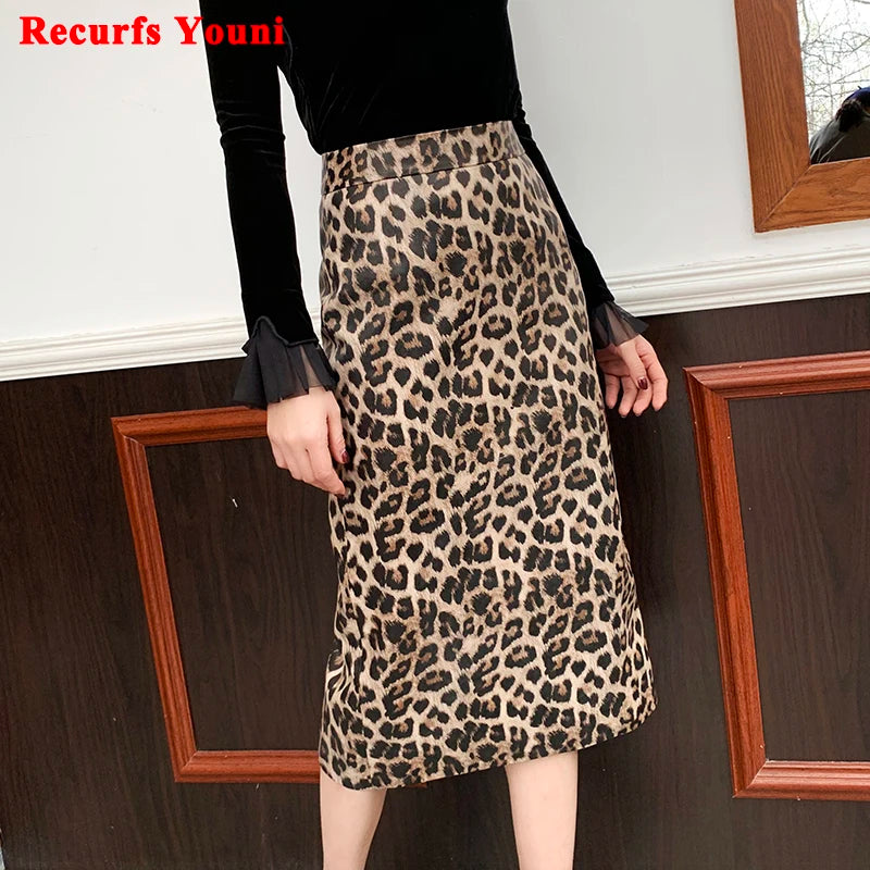 2025 Winter Women Leopard Print Genuine Leather Long skirt Female Over Knee Wrap Jupe Mujer Back Split Wild Sexy  Faldas Sreet