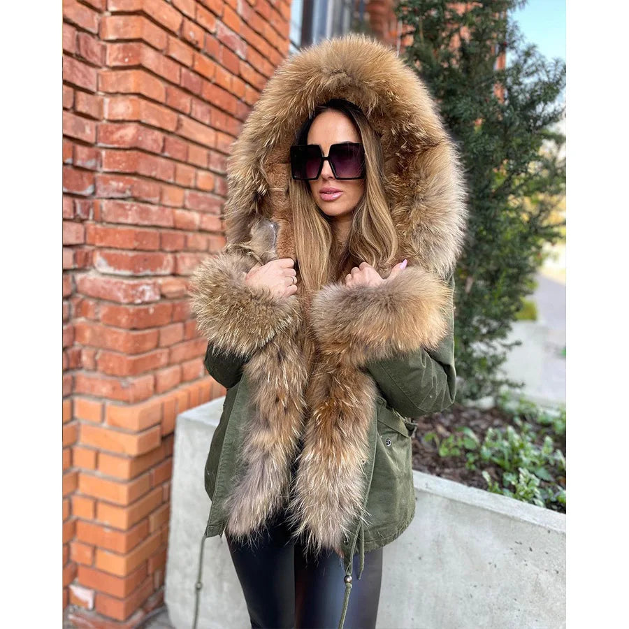 2024 MaoMaoKong Winter Jacket Parkas Natural Real Fox Fur Collar Faux Fur Lining Women Fur Coat