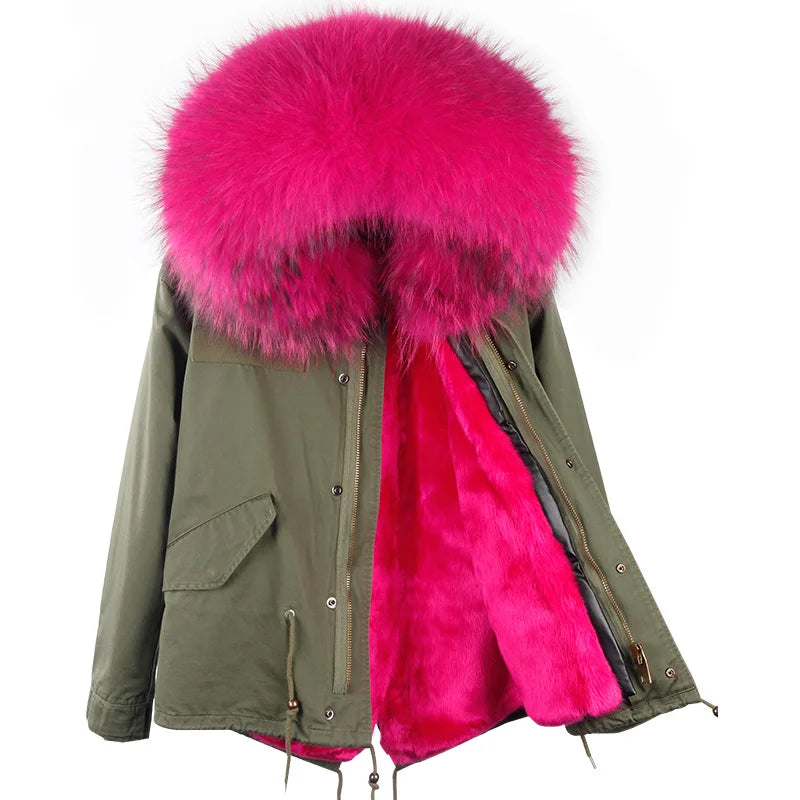 2024 MaoMaoKong Winter Jacket Parkas Natural Real Fox Fur Collar Faux Fur Lining Women Fur Coat