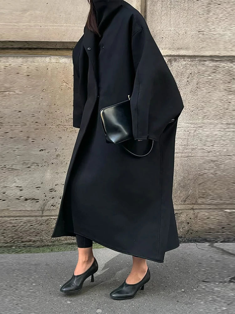 Chic Stand Collar Long Woolen Coat Women Puff Sleeve Single Breasted Loose Warm Overcoat 2025 Autumn Winter Lady Outwear New