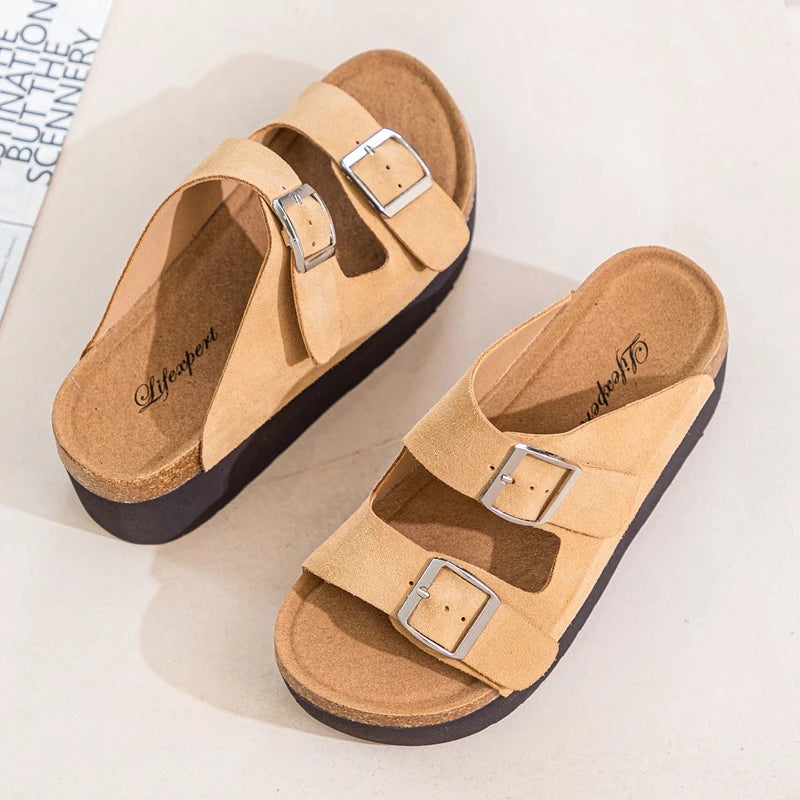 AUTUSPIN Trendy Streetlish Buckles Slippers for Women Nubuck Leather Summer Platform Shoes Ladies Comfort Fashion Slipper Woman