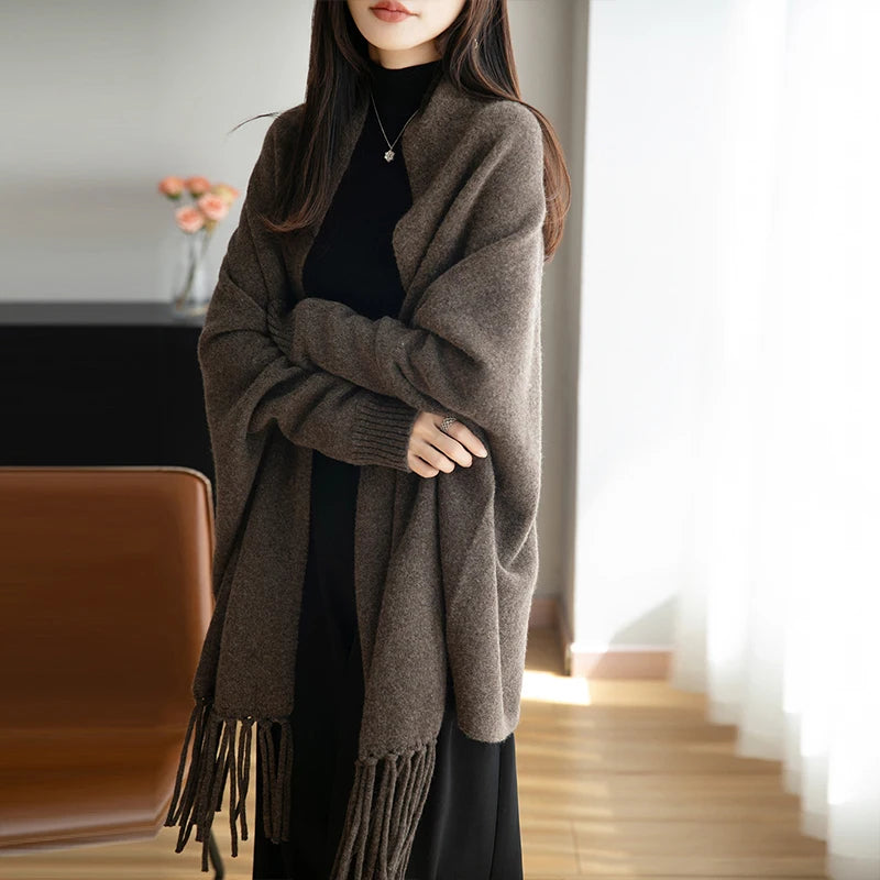 2025 Autumn Winter New 100% Pure Wool Shawl Cardigan, Women's Tassel Jacket, Loose Cape, Versatile, Stylish Highend Korean Style