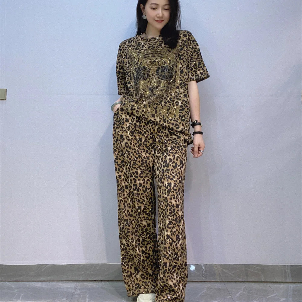 Two Piece Sets Womens Outfits Vintage Style Leopard PrintedCartoon Diamonds Summer Short Sleeve Pant Sets Women Casual Knitwear