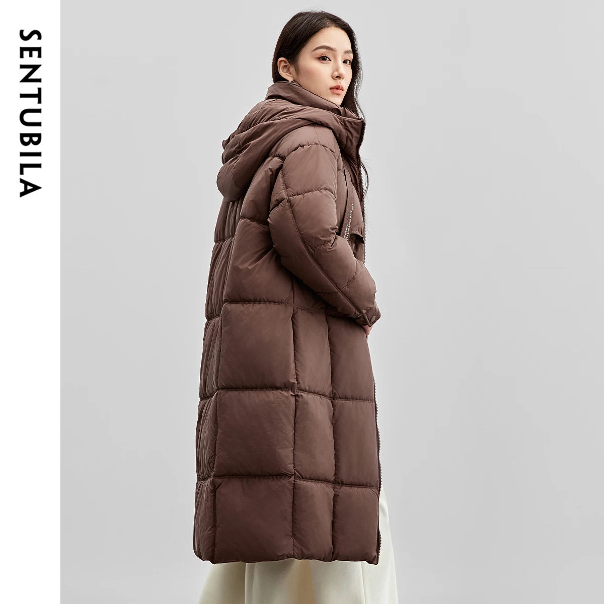 SENTUBILA Women's Long Parkas 2025 Winter Padding Coat Oversized Stand Neck Hooded Zipper Warm Outerwear Woman Clothes W44M58169