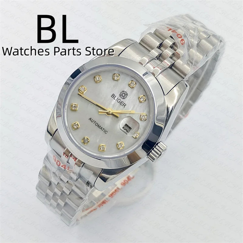 BLIGER 31mm NH05 Automatic Watch For Women Pink Gold Gray Purple Sunburst White Mother Pearl Dial Diamond Index Steel Bracelet