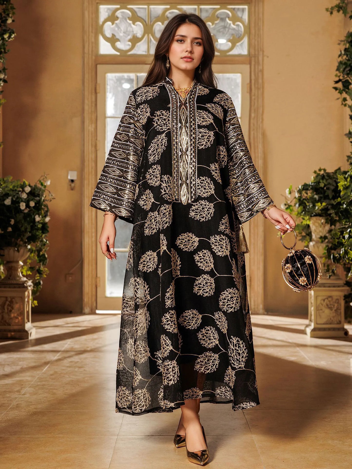 New Stylish Dubai Muslim Abaya Women Islamic Red Fabric with Intricate Gold Embroidery for Middle East UAE Saudi Arabia Qatar