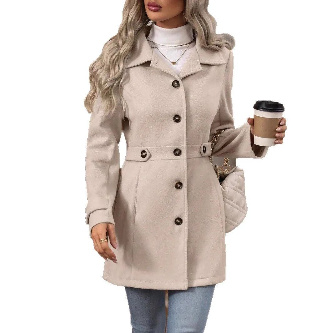 Autumn Winter New Mid-Length Elegant Woolen Coat Button Stand Collar Slim Fit Tweed Durable Fashionable Outerwear