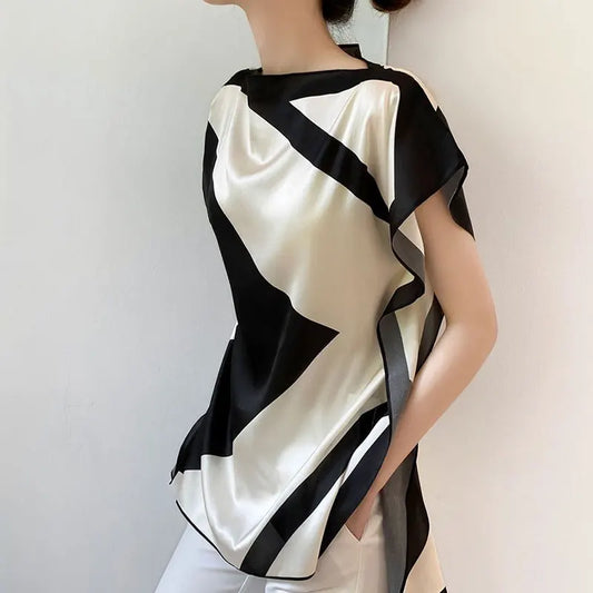 Commute Contrasting Colors Spliced Blouse Female Clothing Elegant Slash Neck Casual Summer Fashion Asymmetrical All-match Shirt