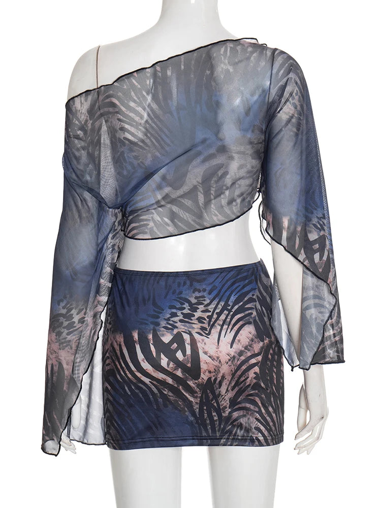 Weird Puss Y2K 2 Piece Set Women Tiger Str Slanted Shoulder Split Sleeve Mesh Crop Tops+Peach Hip Skirts Matching Street Outfits