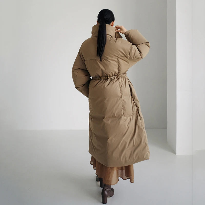 Winter New Stand Collar Long Down Jackets Loose Belt Long Sleeve Warm Coat Fashion Solid Cotton Padded Warm Down Overcoat Women