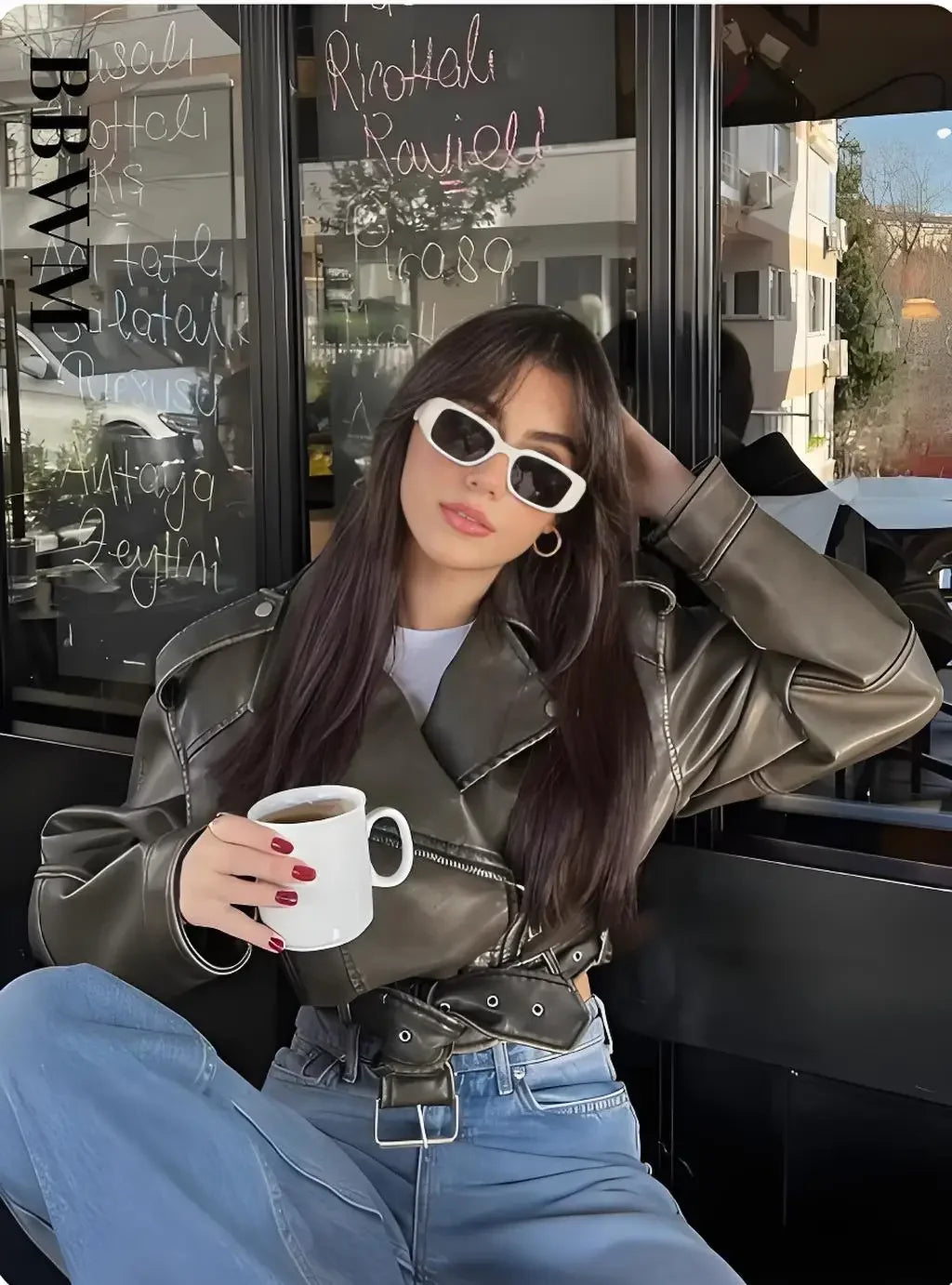 Women Vintage Loose Washed Faux Leather Short Jacket Streetwear Female Zipper Belt Moto Biker Retro Coat Outwear Tops