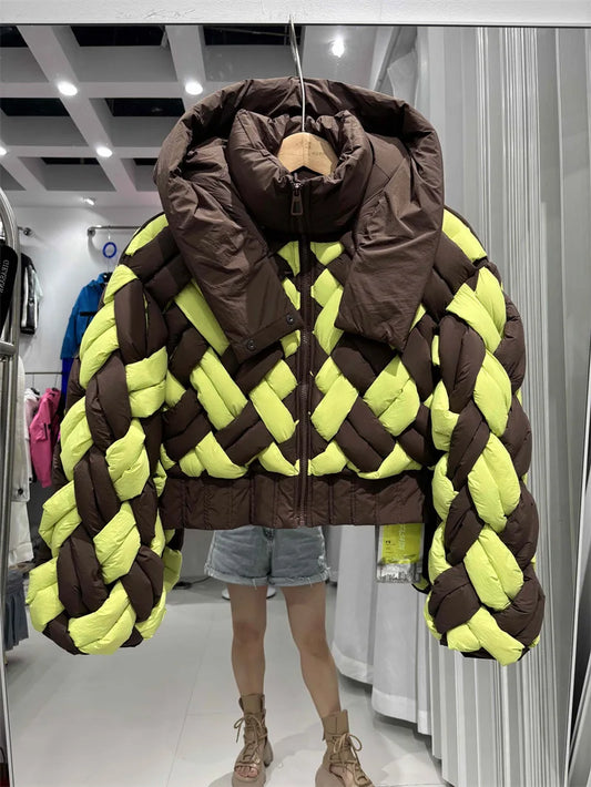Winter 90% White Duck Down Hooded Parker Outwear Women Zipper Loose Quilted Short Jacket New Female Patchwork Twists Down Jacket