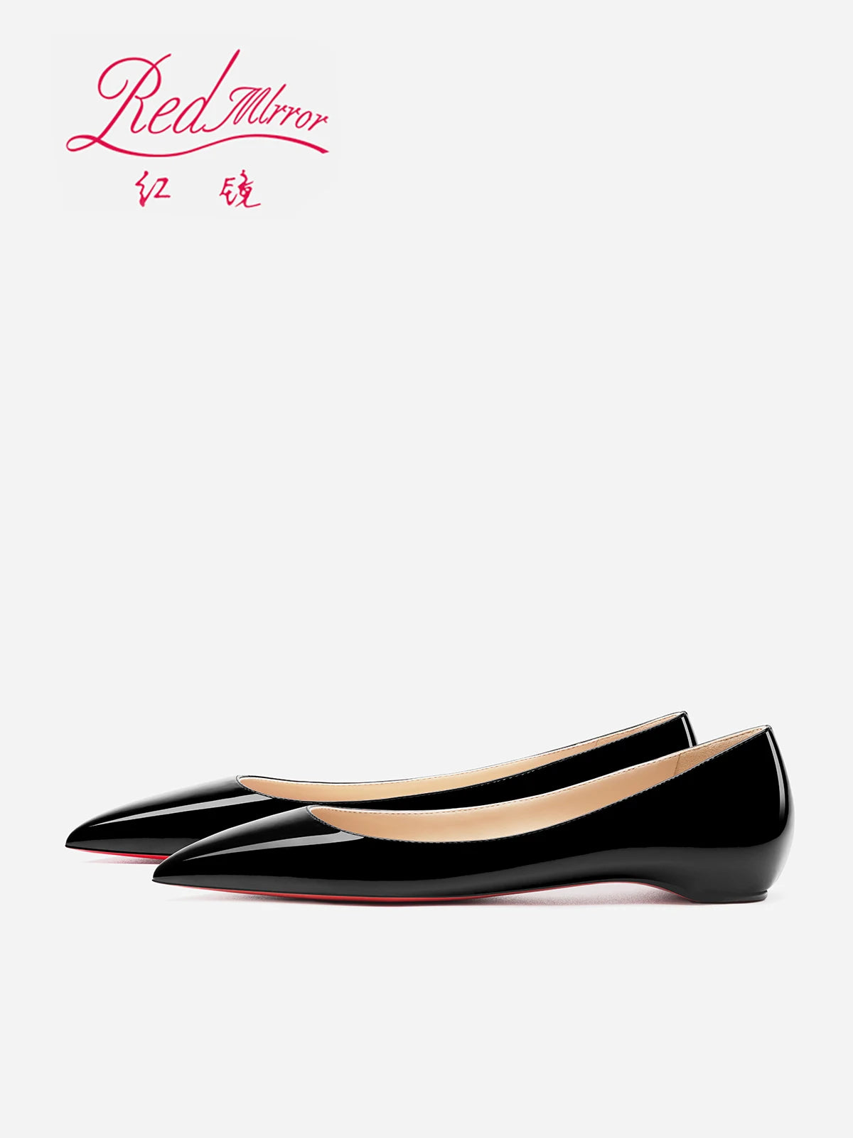 2025 New Style Pointed Bare Red Sole Flat Shoes Single Shoes Women's Lacquer Leather Inner Heightening Shallow Mouth Low Heels
