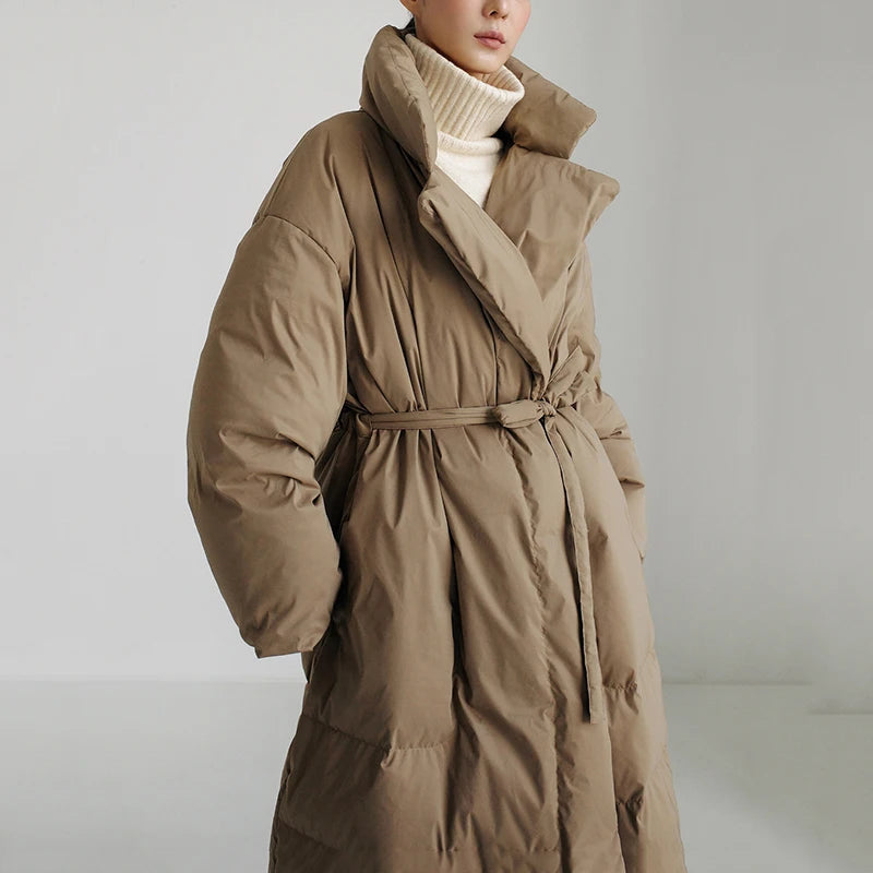 Winter New Stand Collar Long Down Jackets Loose Belt Long Sleeve Warm Coat Fashion Solid Cotton Padded Warm Down Overcoat Women