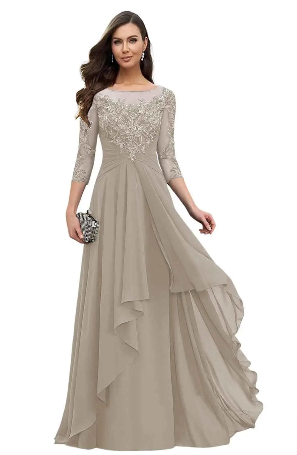 Women's Elegant Lace Mother of The Bride Dresses Scoop Neck Chiffon Ruffles Formal Evening Gowns A-Line Wedding Guest Gowns