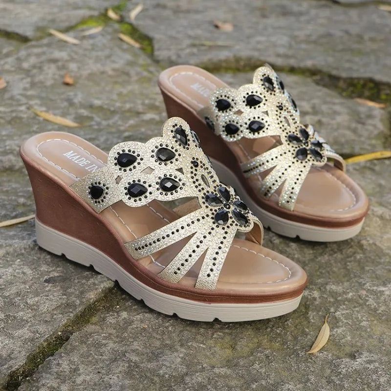 Women Round Toe Wedges Heel Shoes Ladies Casual Open Toe Comfort Spring Summer Rhinestone Slippers Party Sandals Plus Size 35-43