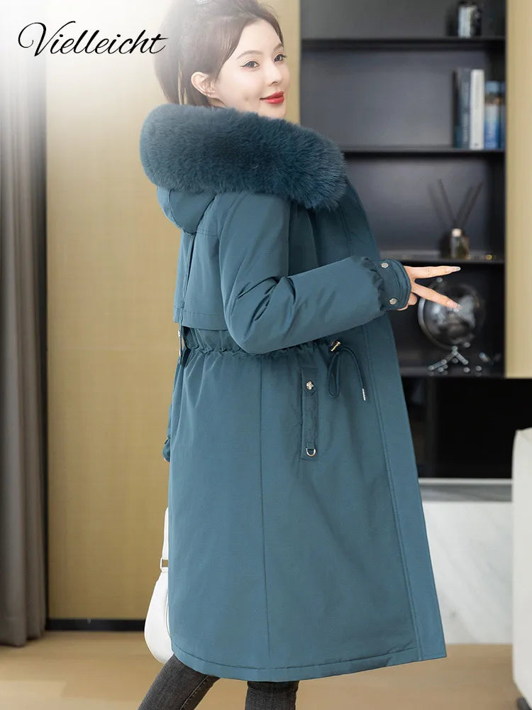 Vielleicht 2024 New Winter Women Puffer Jacket Removable Liner Fur Hooded Cotton Padded Coat Long Parkas Clothes Women Outwear