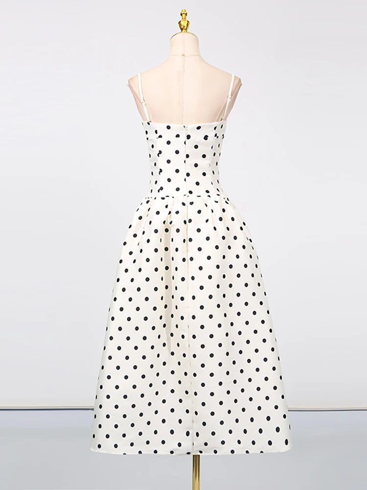 Sexy Spaghetti Strap Polka Dots A-line Dress Women Sleeveless Square Neck High Waist Long Dresses Elegant Evening Party Gowns