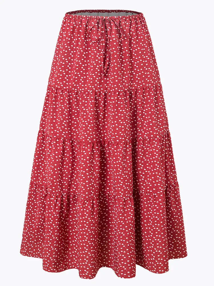 Brown Long Skirt Women Summer Cotton Ruffle Floral Skirt Woman Luxury Green Tie Up Loose White Women Long Skirts High Waisted