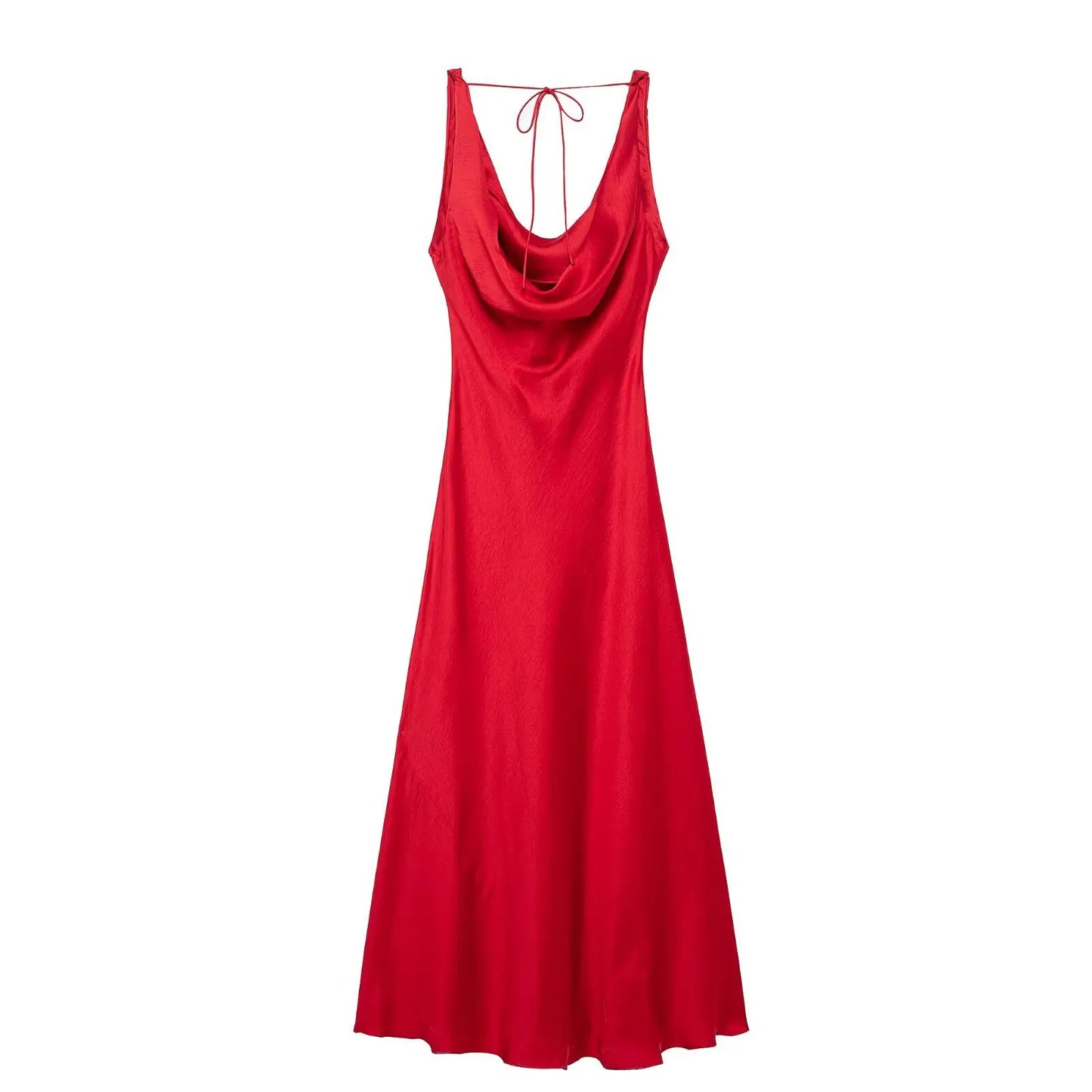 2025 New Elegant Party Dress  Solid Backless Midi Dress Satin Long Dress WomenLace Up Hanging Collar Long Dresses For Women