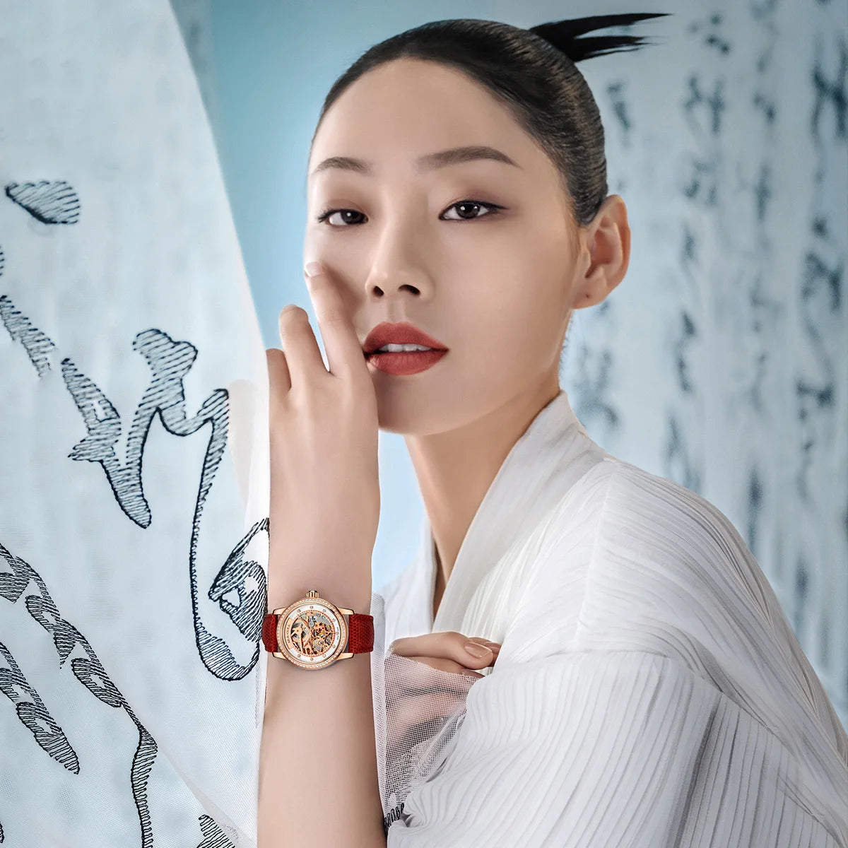 Seagull Fashion Women's Watch Red Luxury Zircon Skeleton Womens Mechanical Automatic Ladies Wristwatch Montre Femme 719.403LK