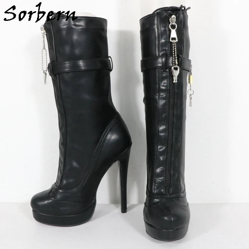 Sorbern Unisex High Ankle Boots Women Straps With Locks Visible Platform High Heels 25Cm Shaft Height Lockable Front Zipper Boot